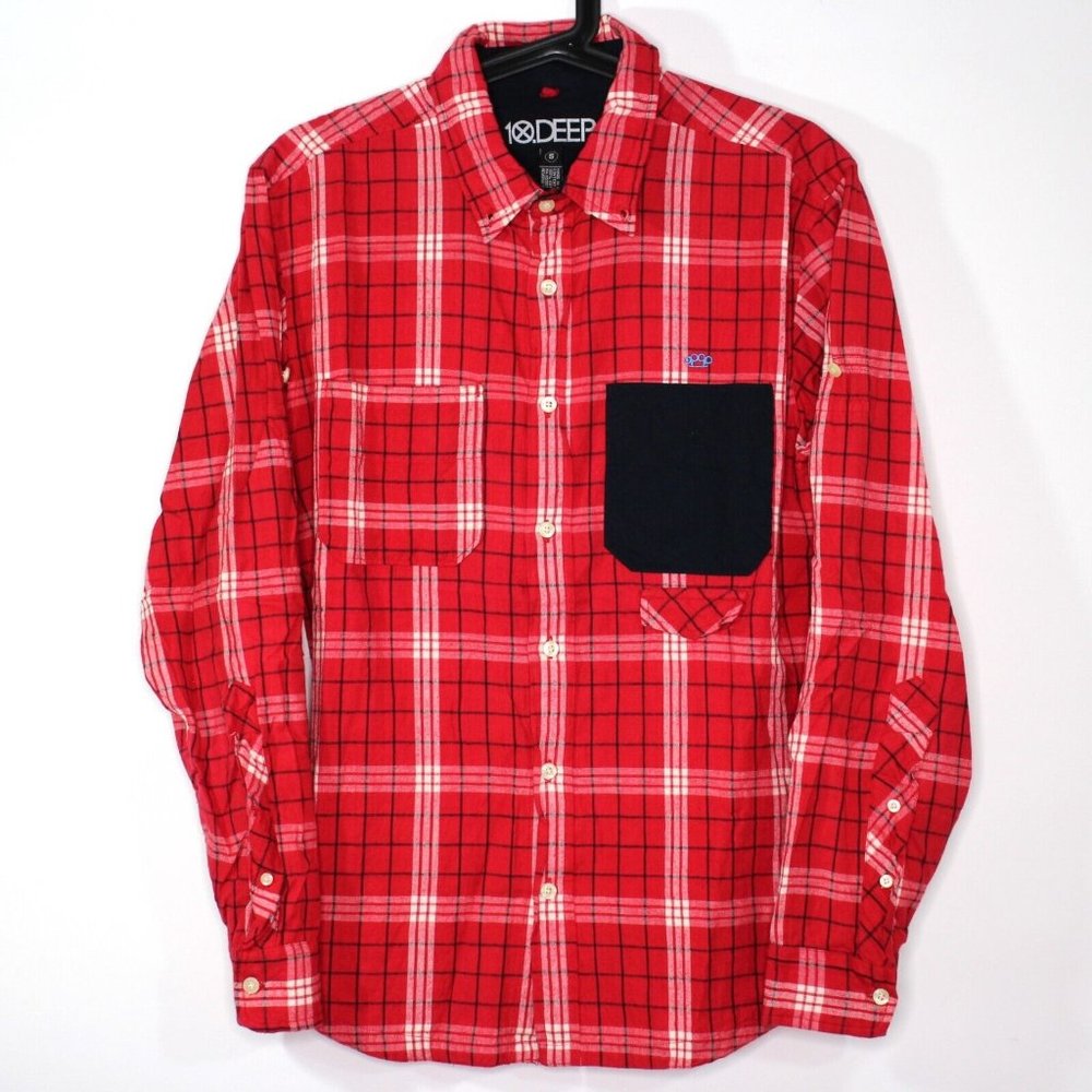 10.Deep Mens Small Embroidered Brass Knuckles Plaid Button Up Shirt C846